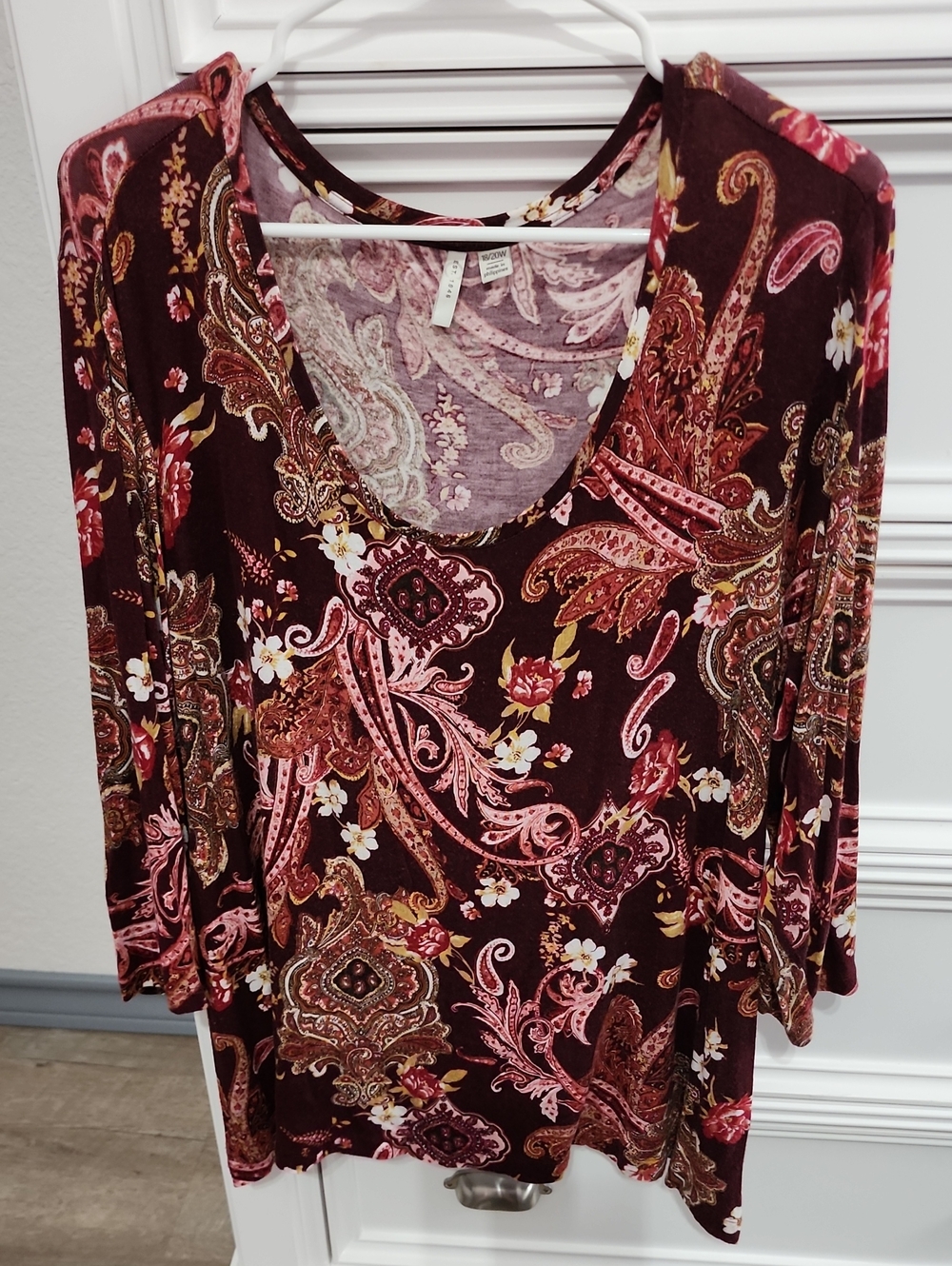 Cato Burgundy Floral Paisley Long Sleeve V-Neck Top